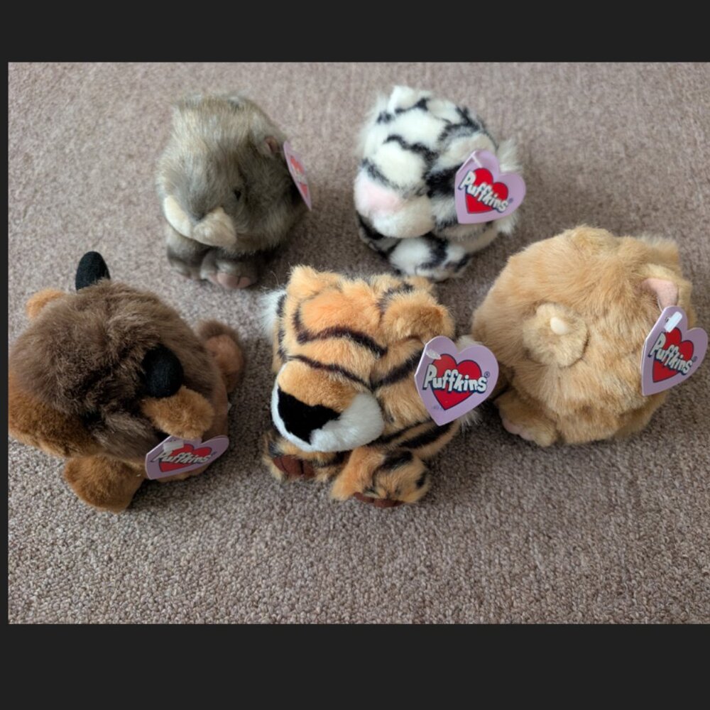 Vintage Puffkins Plush Lot of 5 With Tags Squirrel Tiger Cat Buffalo